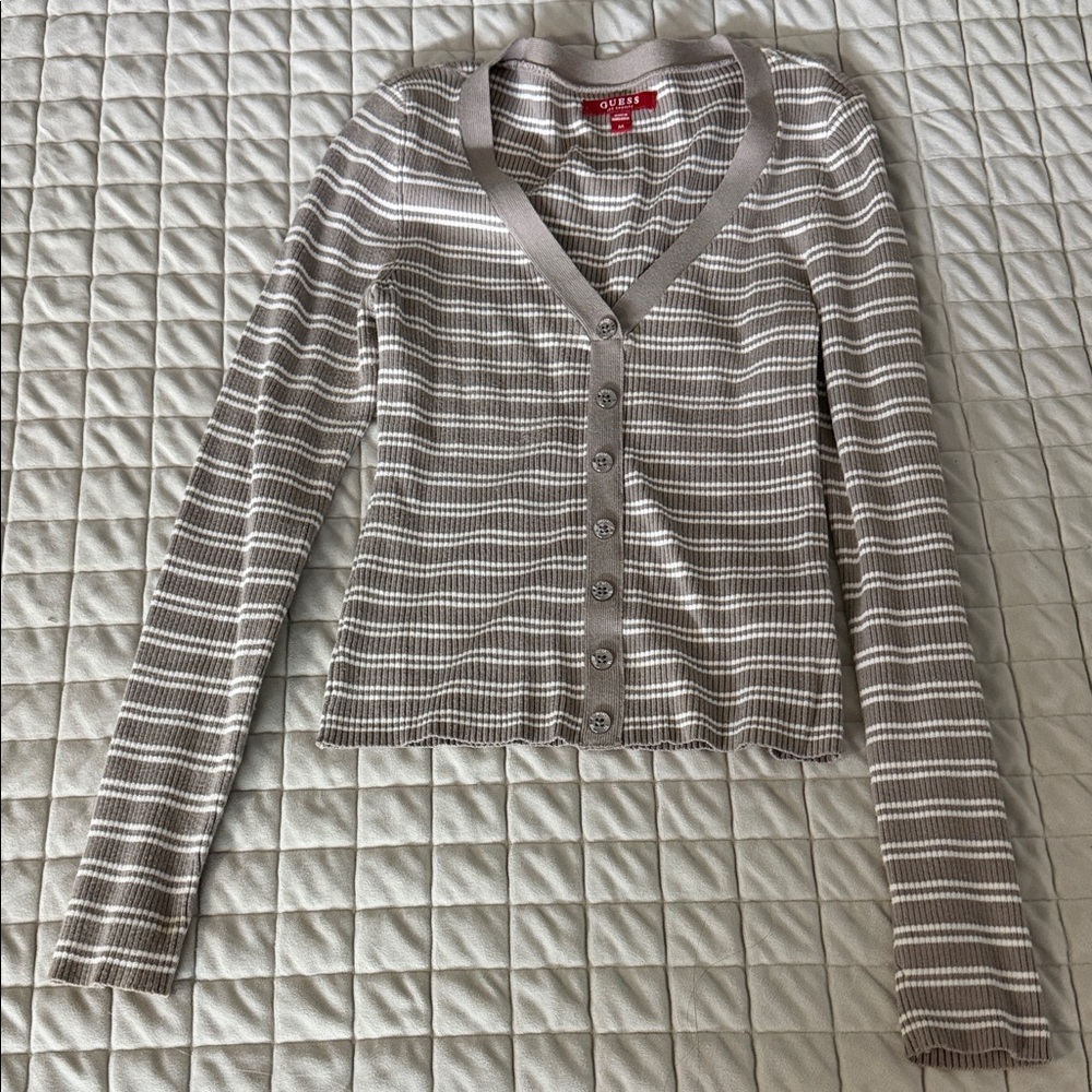 Guess Taupe and White Striped Cardigan